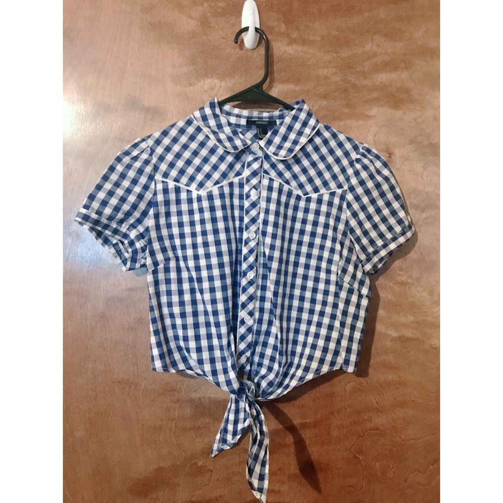 Navy and white gingham western top.